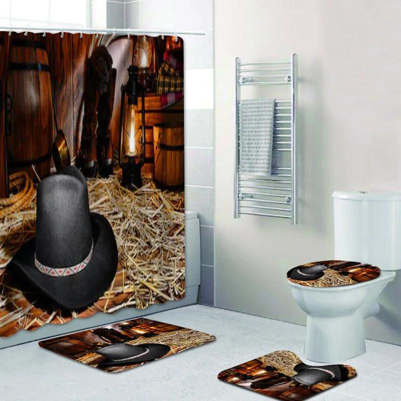 Rustic Western Cowboy Shower Curtain Set American Country Music Bathroom Curtain Set Bath Mat Rug Carpet Bathtub Accessories