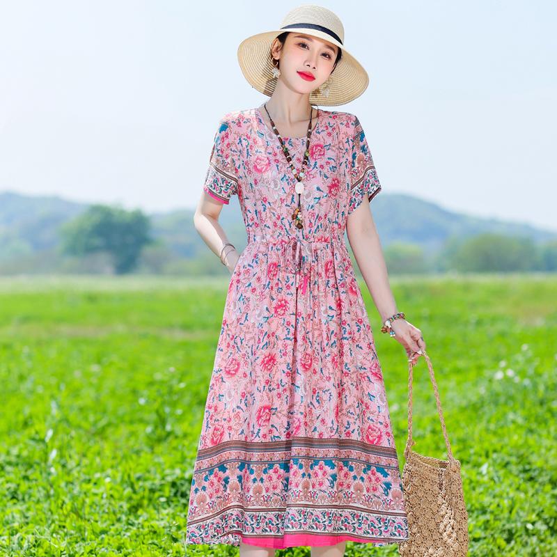 Plus Size Women's Long Dress Summer  Short Sleeve Vintage Print Dress for Women