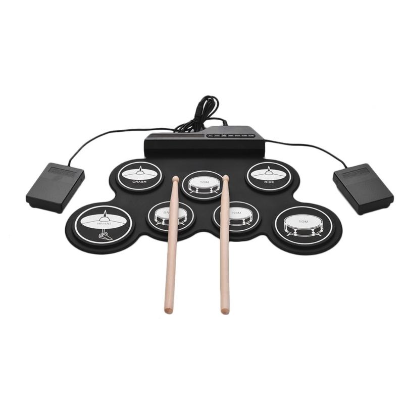 USB Powered Electronic Drum Includes Sound Output Jacks Suitable for Headphones and Speakers Featuring Various Drum Set