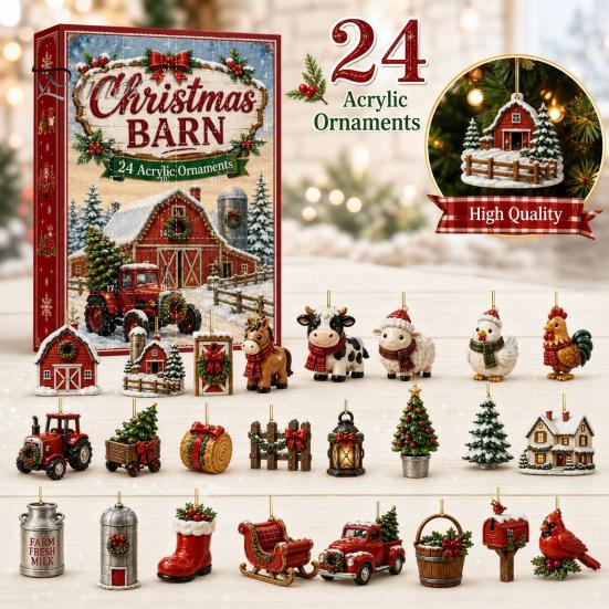 Family Christmas Tradition Farm Advent Calendar 24Pcs Acrylic 2D Ornament Set with Rustic Barn Unique Countdown Kit Animal Designs for Holiday