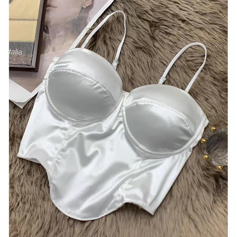 2025 Women Sexy Crop Top Solid Spring Summer New Pleated Satin Tanks Top With Bra Pad Beach Camis Spaghetti Backless Casual Top