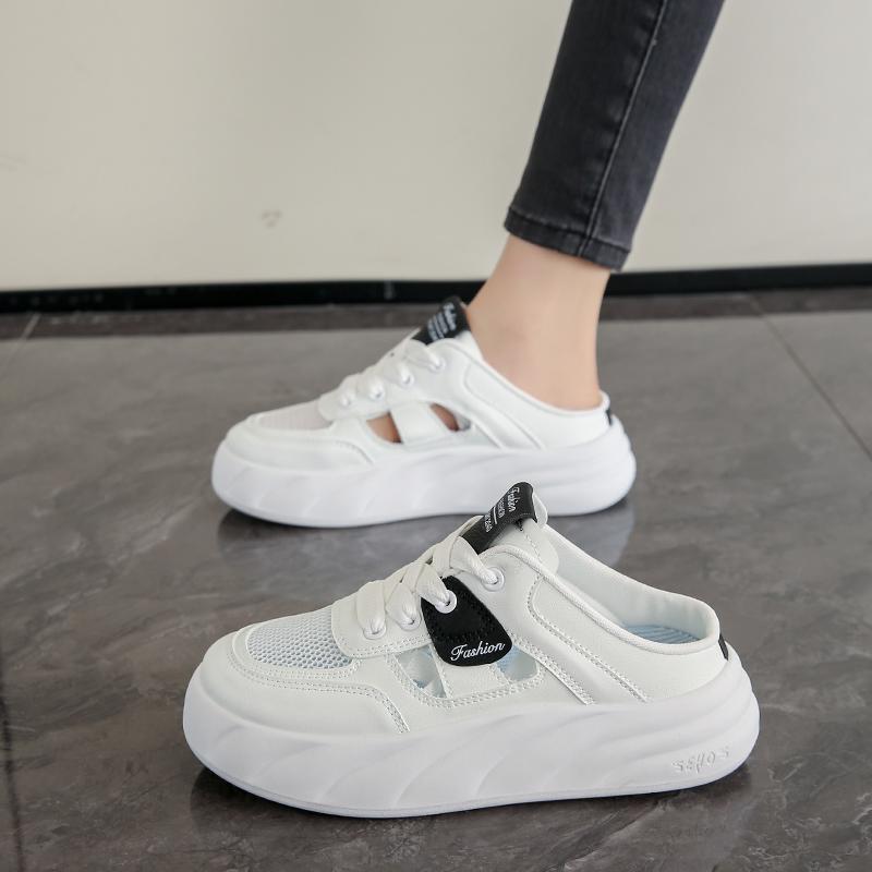 CRLAYDK Women's Mesh Sneakers Platform Slip On Hollow Out Mules Backless Low Top Walking Shoes for Summer White Casual Clipper