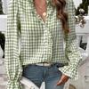 Camicia a quadri con pizzo, scollo a V, nuova collezione primaverile europea e americana, camicia a maniche lunghe alla moda ed elegante francese per donna