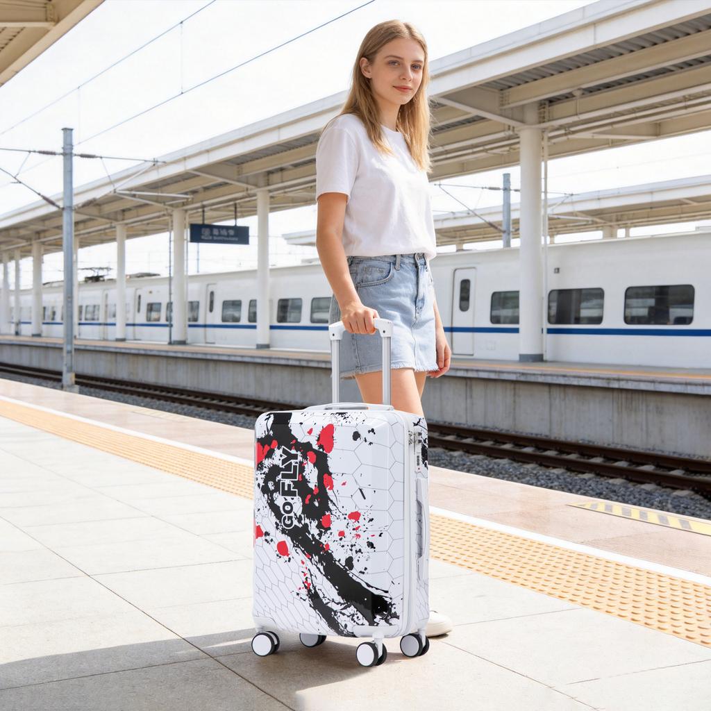 20-Inch PC Spinner Wheel Suitcase, Carry-On Suitcase, with Printed Pattern and Combination Lock (Black)