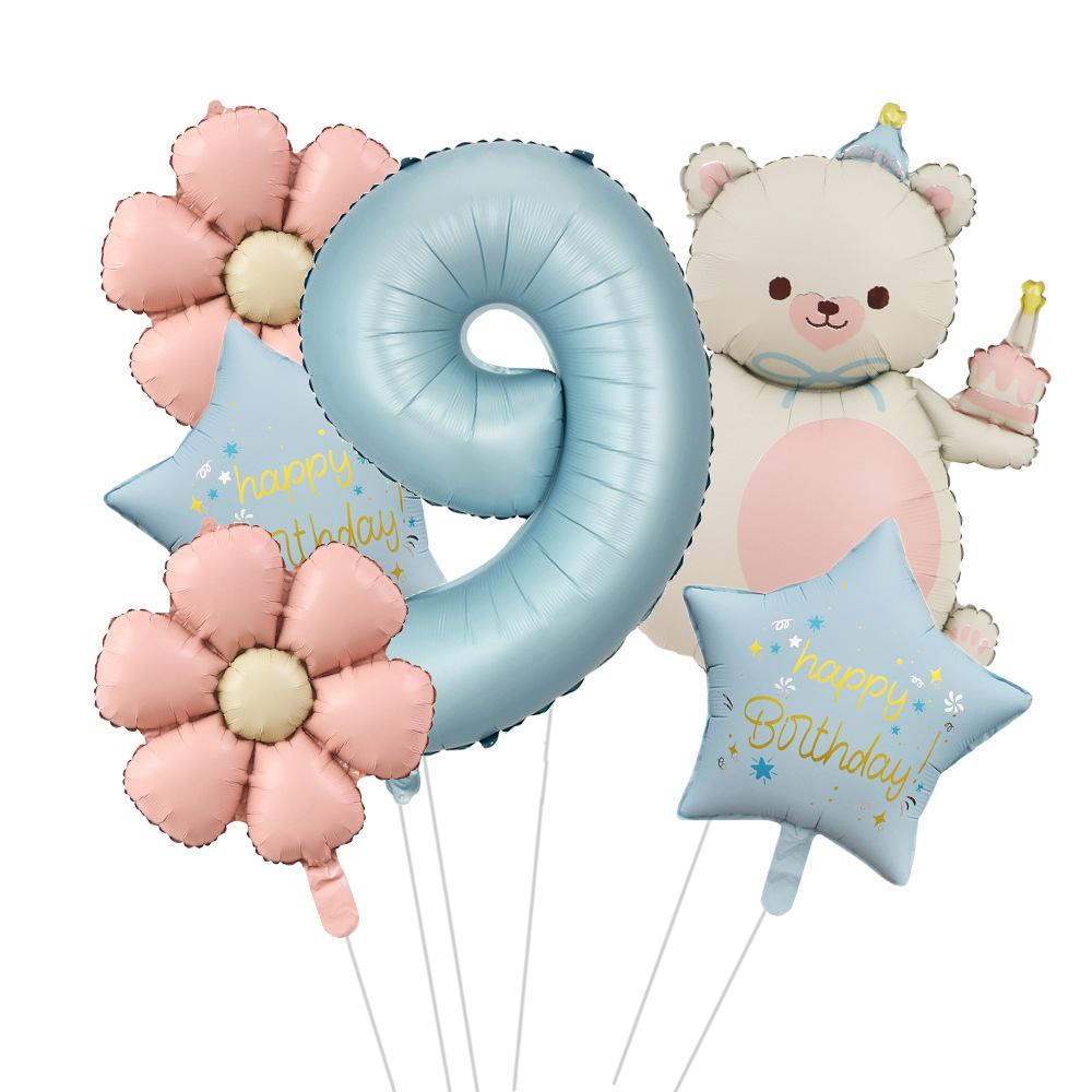 

40 Inch Caramel Boby Blue Digital Matte Magic Bear Cake Daisy Flower Aluminum Film Balloon Birthday Set boby blue number 9