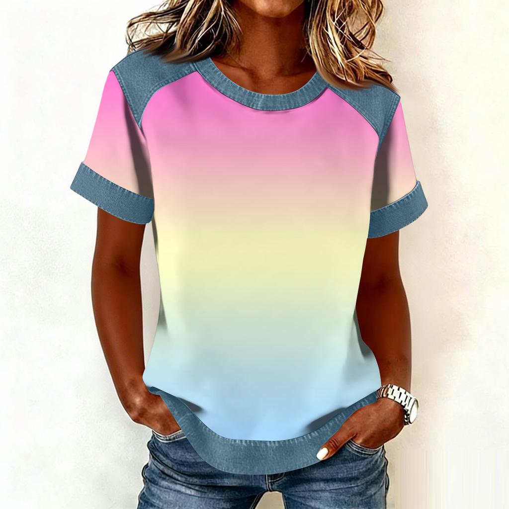 Women Denim Collar Patchwork Stitching Sweatshirt Casual  Printed Pullover Short Sleeve Shirts