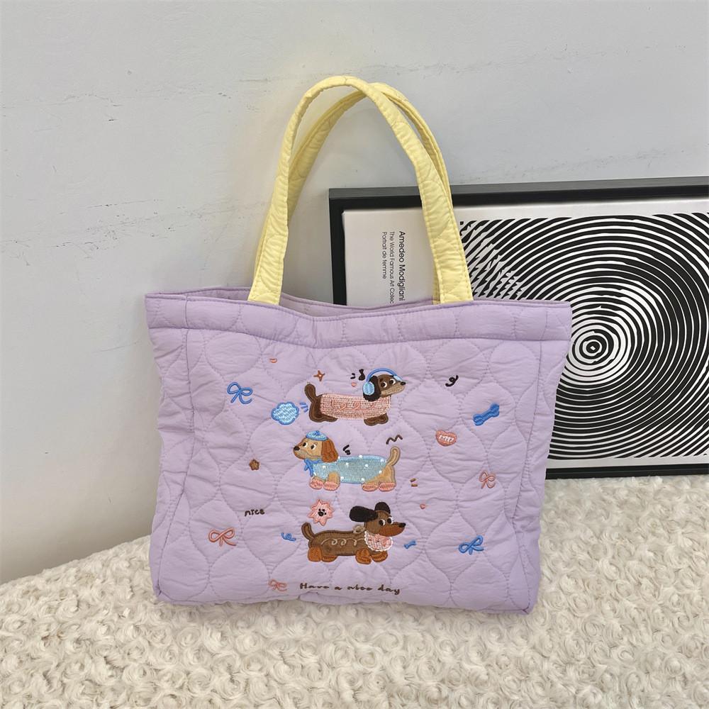 Adorable Korean Ins Quilted Cute Dog Embroidered Tote Bag For Shopping And Daily Use