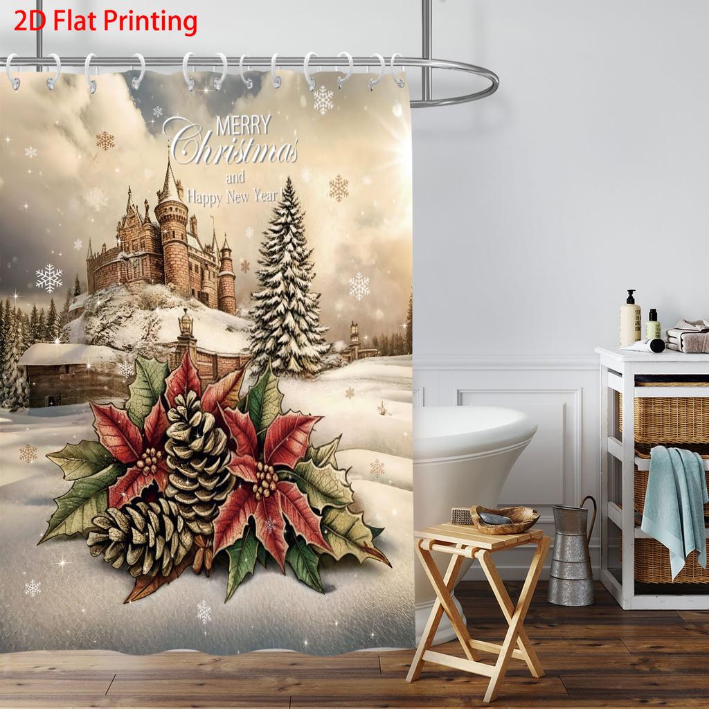 1Pc Merry Christmas Printed Waterproof Shower Curtain Partition Privacy Hanging Curtain, With 12 Hooks, Easy To Install
