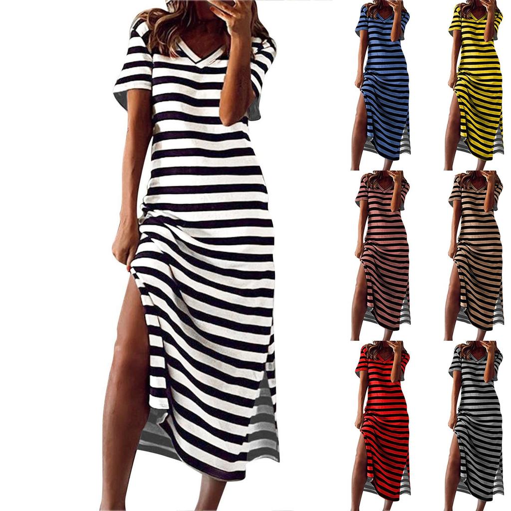 Women's Striped Side Slit Midi Dress V Neck Short Sleeve Casual Holiday Loose Dress