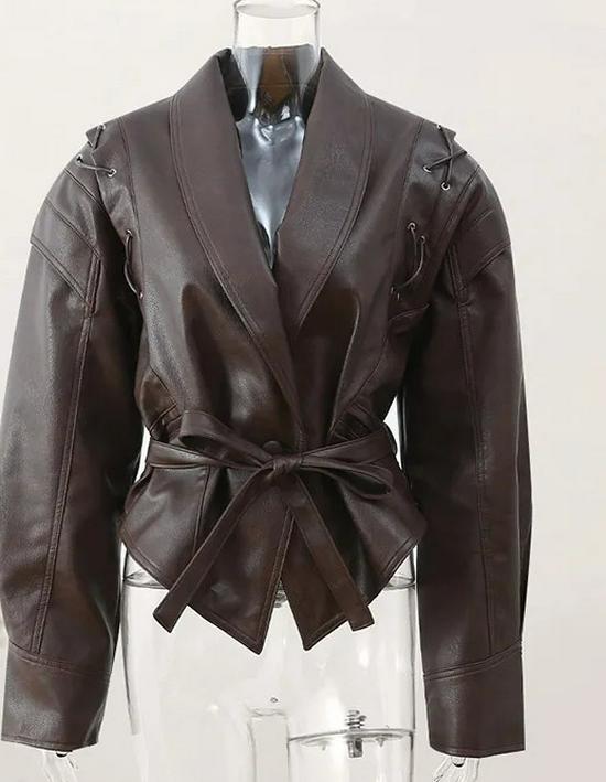 2024 Autumn/Winter Cross-border Fashion Lapel Tie Long Sleeve Leather Jacket