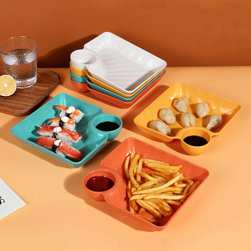 Plastic Dumpling Plate With Sauce Compartment Square Snack Cookie Platter Food Tray Dish Tableware Kitchen Plates