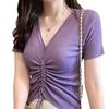 2023 Summer Women's V-Neck Ice Silk Knitwear, Slimming Half-Sleeve Top with Button Drawstring