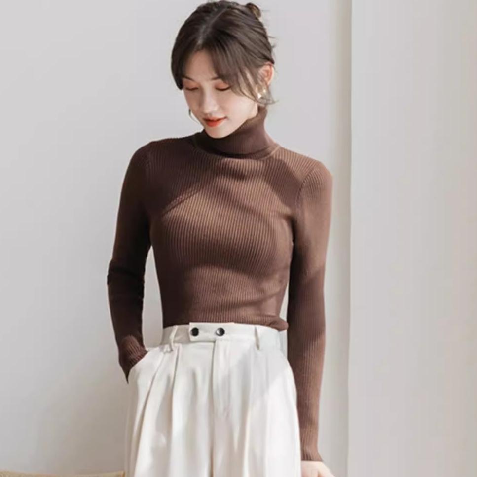 

осень зима водолазка вязаный свитер женский длинный рукав приталенный утолщенный пуловер универсальные базовые топы черный белый свитера One Size