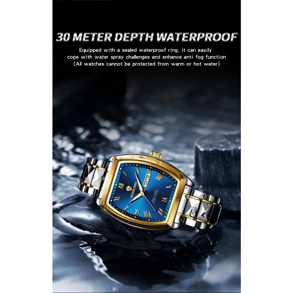 BINBOND B355 Stainless Steel Men Watch Top Quailty Luxury Push Button Hidden Clasp Waterproof Luminous Date Week Sport Men Watch