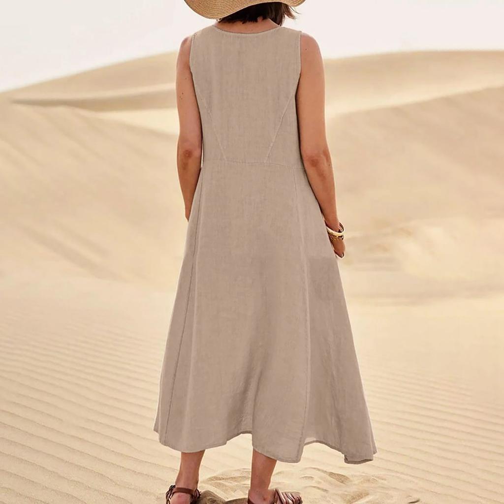 Women's Fashion Casual Solid Colour Sleeveless Cotton Linen Pocket Dress