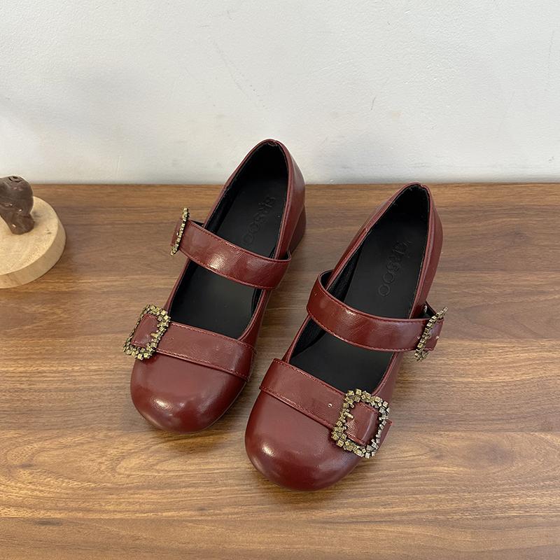 Fashion Rhinestone Metal Buckle with Square Heel Single Shoes Autumn New Round Toe Deep Mouth Non-slip Wear-resistant High Heels