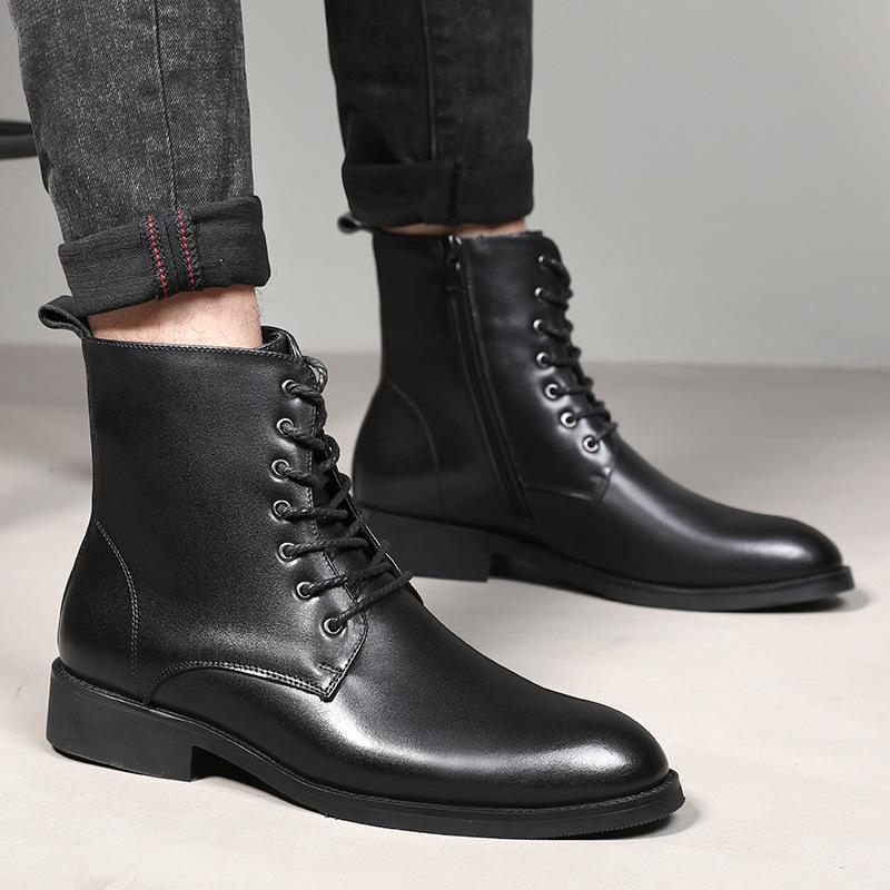 Martin boots men's cowhide high-top shoes fashion casual British pointed side zipper lace-up leather boots Chelsea boots men's