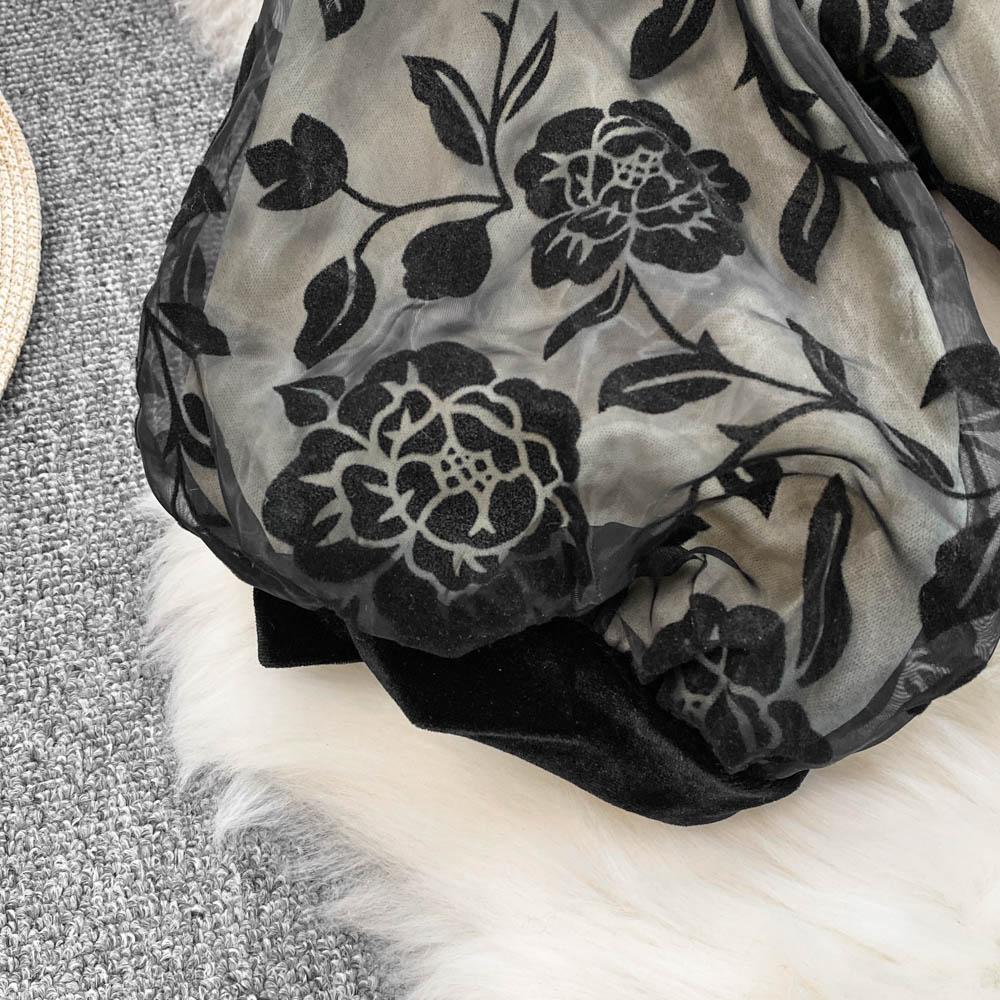 French Elegant Bow Puff Sleeve Dress Women 2025 Spring Autumn New Flocking Floral Waist Slim Long Dresses Patchwork Party Clothing