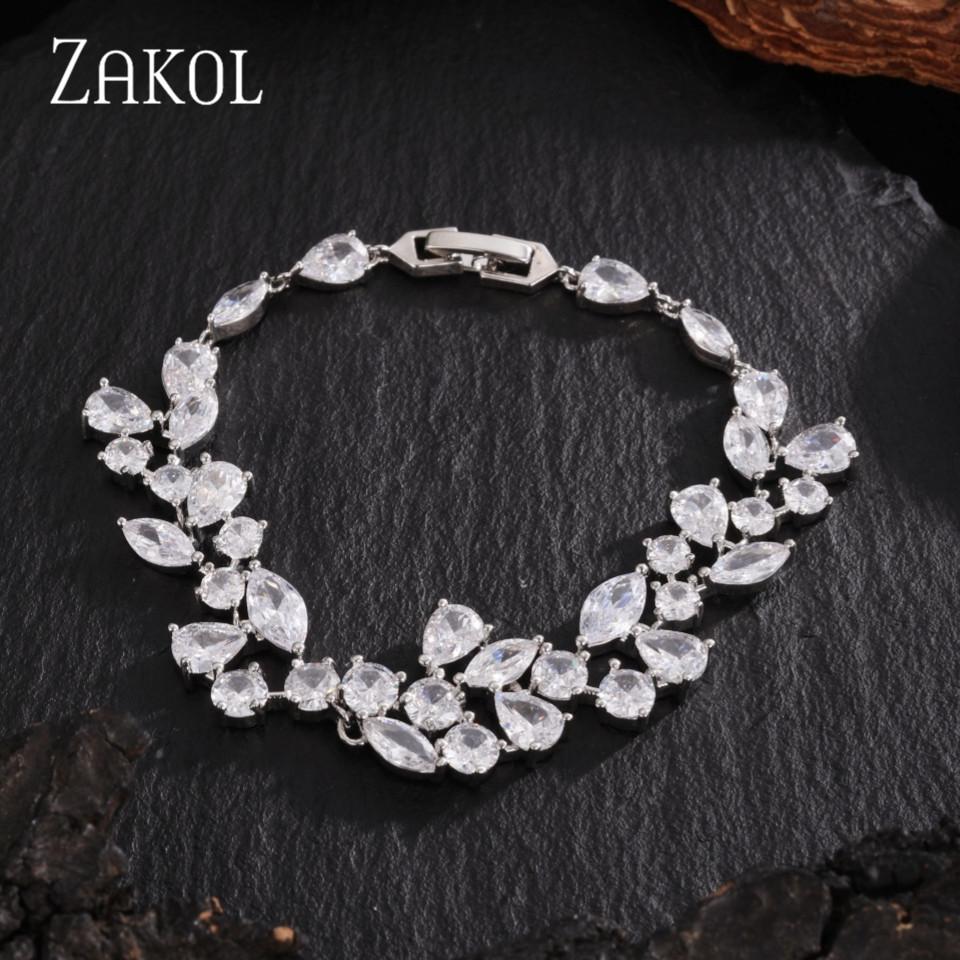 ZAKOL Shiny Marquise Cut Cubic Zirconia Silver Color Leaf Shape Chain Bracelet Bangle for Women Brides Wedding Party Jewelry