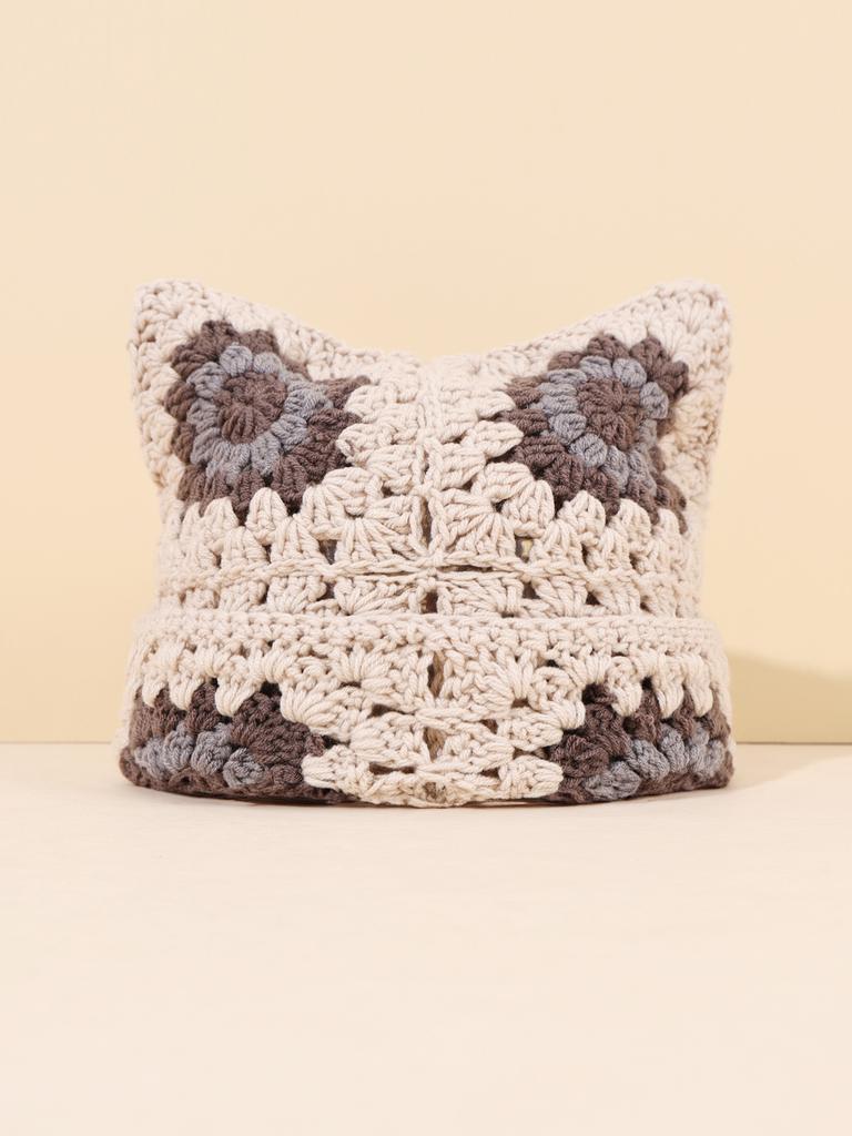 New Handmade Knitting Halloween Versatile Fashion Multi-Color Grandmother Grid Cat Ear Hat Adult Hat