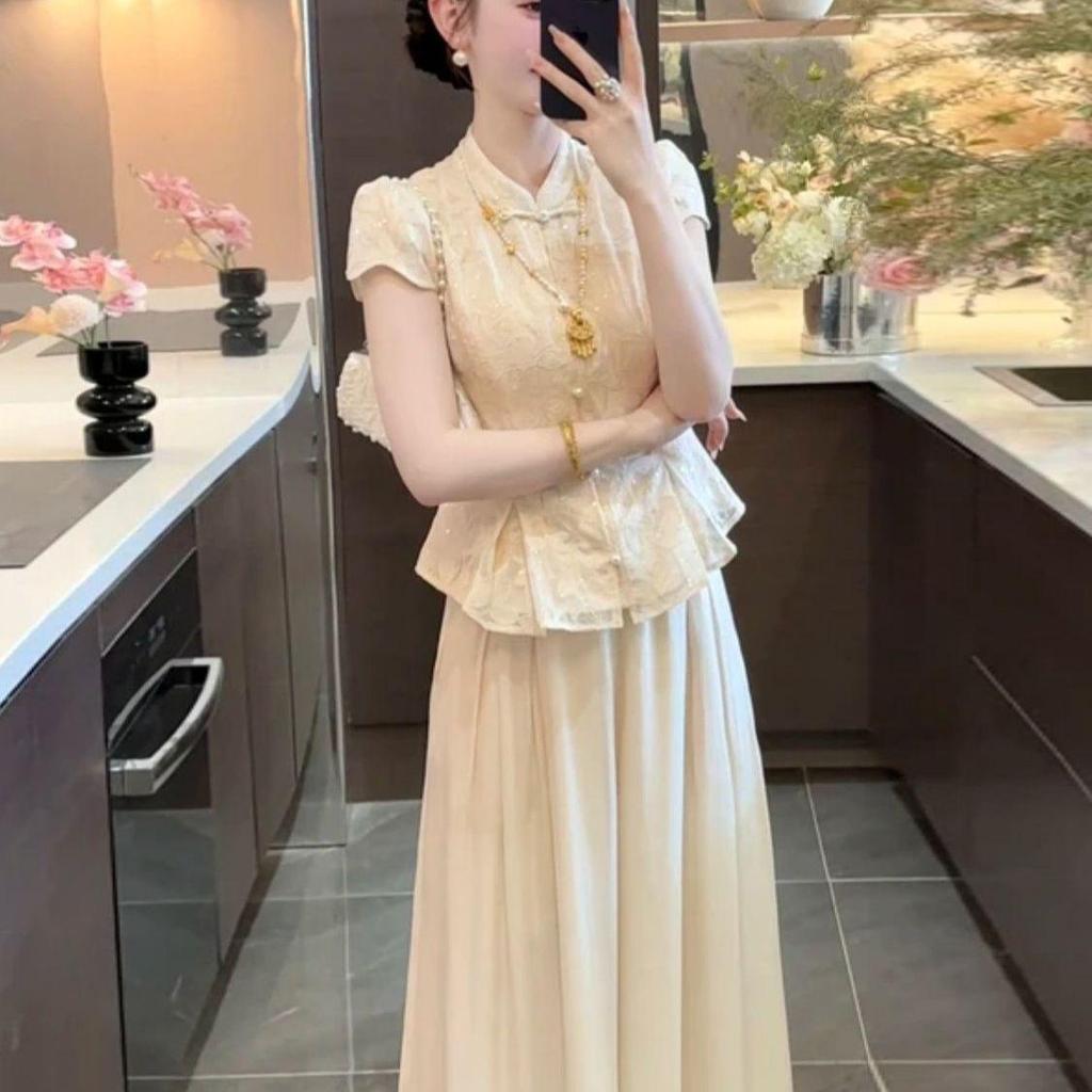Summer Chinese Style Apricot Frog Button Skirt-Pants Suit for Women - Elegant & Luxurious