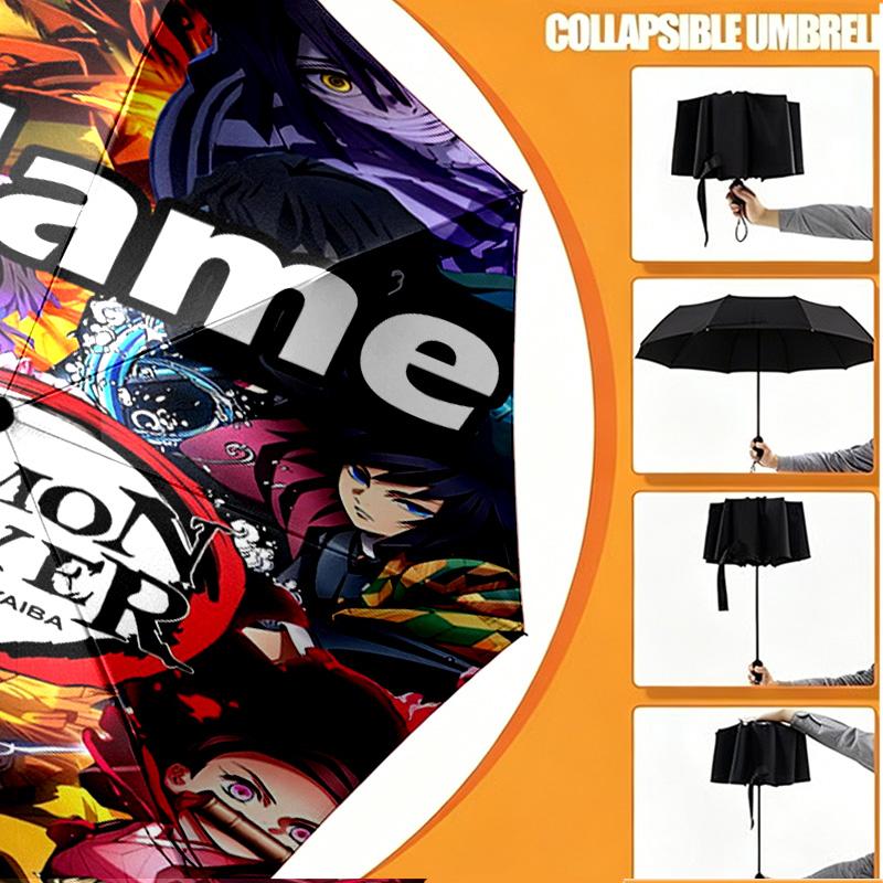 Custom Name Personalized Demon Slayer Print Umbrella, Auto Open Close, 8‑Rib Sturdy Frame, Commute Camping Hiking Use, Birthday Gift
