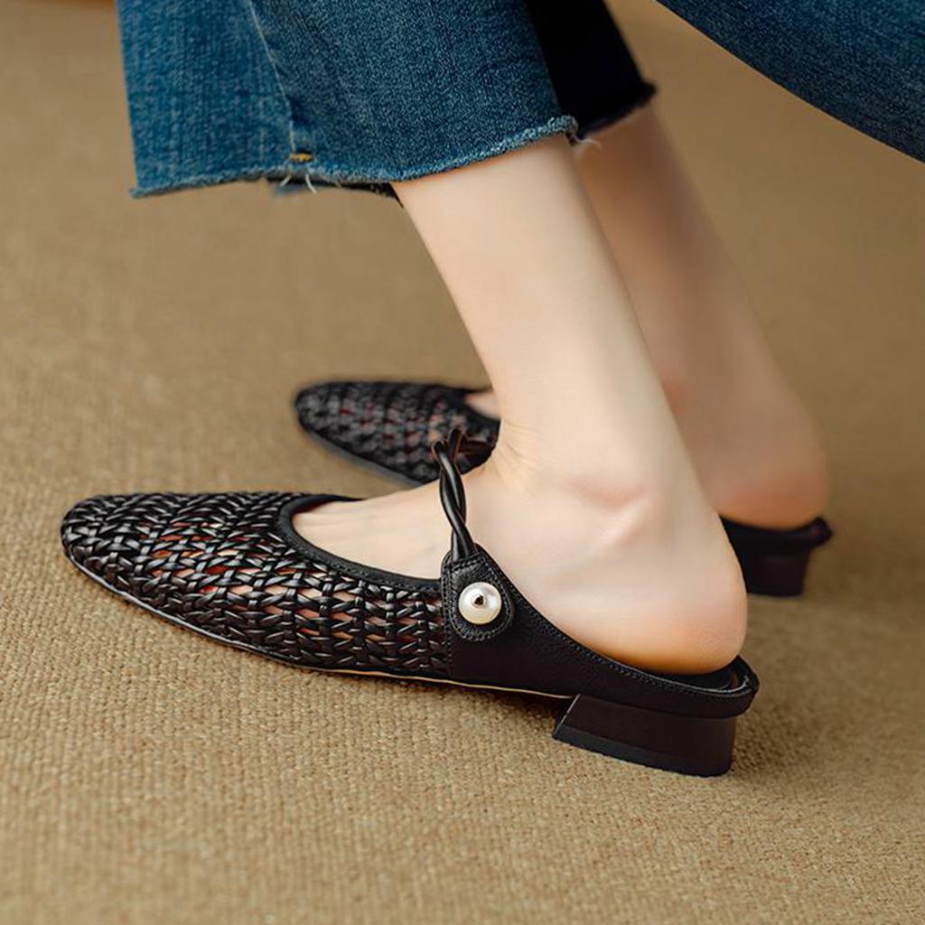 Krazing Pot Microfiber Mules Weaving Summer Size 41 Low Heels Pearl-studded Party Shoes Women Square Toe Gladiator Hollow Out Pumps