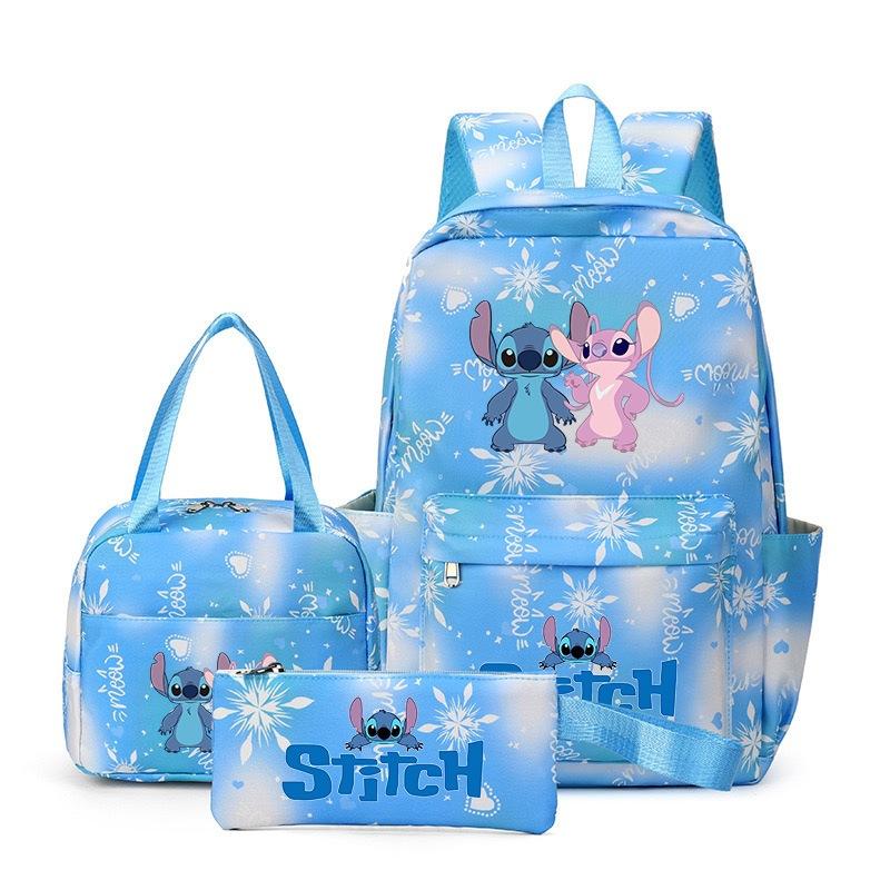 Stitch 3-teiliges Rucksack-Set für Jungen und Mädchen, Rucksack mit Campus-Cartoon-Print, Große Kapazität für Outdoor-Reisen