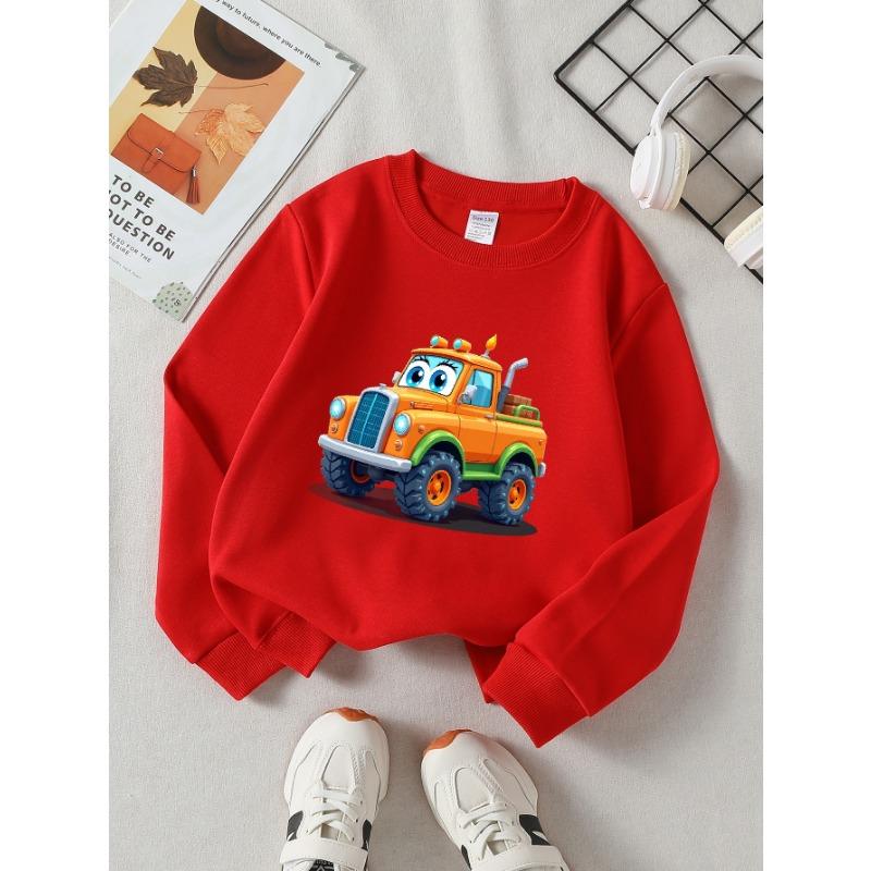 European sizes Cartoon Orange Truck Girls' Crew Neck Sweatshirt, Autumn Winter, Long-Sleeved, Casual Colors for Young Girls.