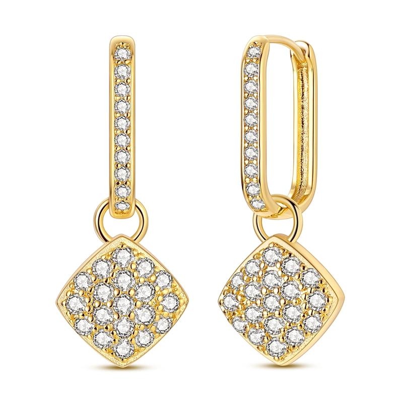 

925 Sterling Silver Golden U-Shaped Hoop Earrings Pave Clear CZ Diamond Rhombus Drop Dangle Huggie Hoops Jewelry Gift for Women