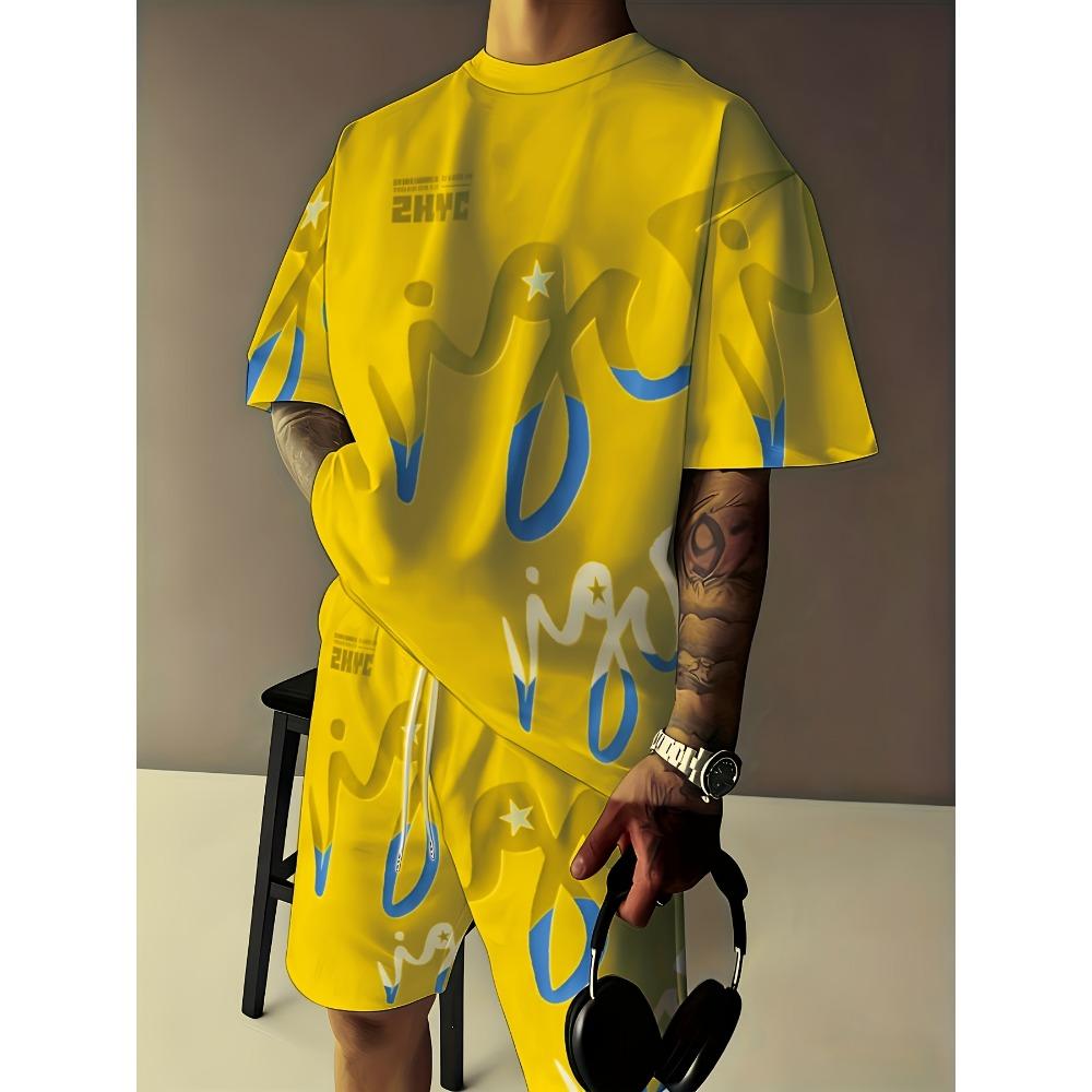 2026 Summer American Men's T-shirt Set for Outdoor Sports Fashion Casual Soft Breathable with 3D Graffiti Pattern Print