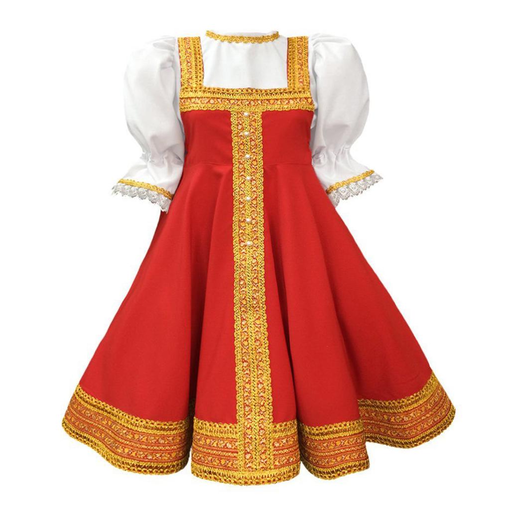 Halloween Cosplay Costume Kids Girls Puff Sleeve Knee Length Dress With Headpiece Russian Traditional Outfits