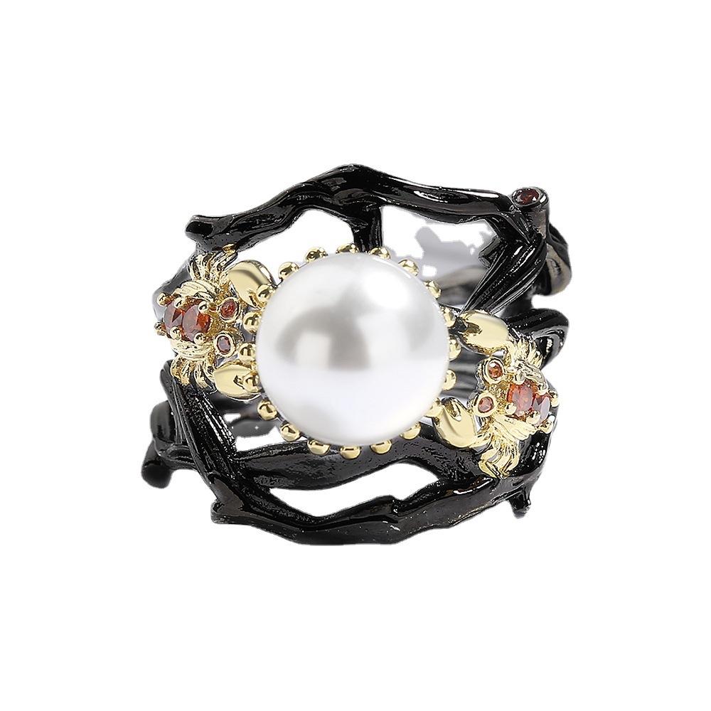 Inlaid Pearl Black Gold Ladies Ring Bohemian Jewelry High Handmade Jewelry Party Ring