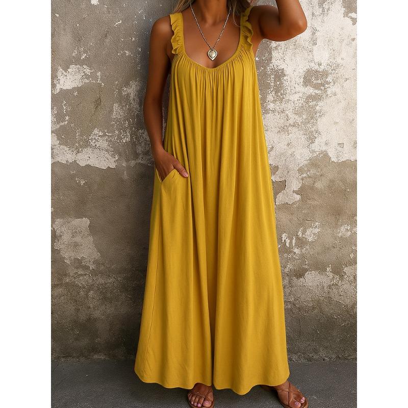 TIFICY Damenmode Sommer Frühling Einfarbig Druck Ärmellos V-Ausschnitt Lockere Taille Lässige Kleider