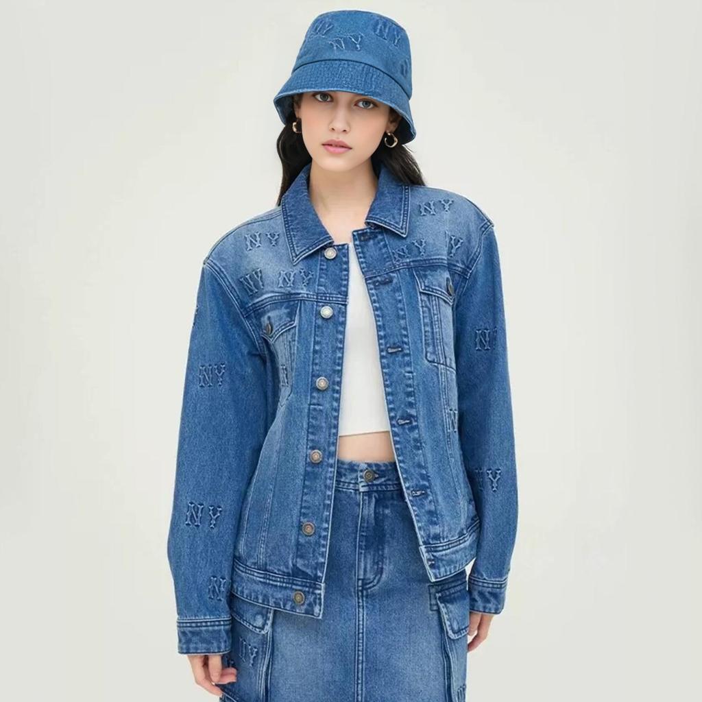 MLB New York Yankees Monogram Floral Series 24FW Printed Single-Breasted Letter Logo Long Sleeve Denim Jacket Unisex jackets Indigo 3ADKM0444-50INS