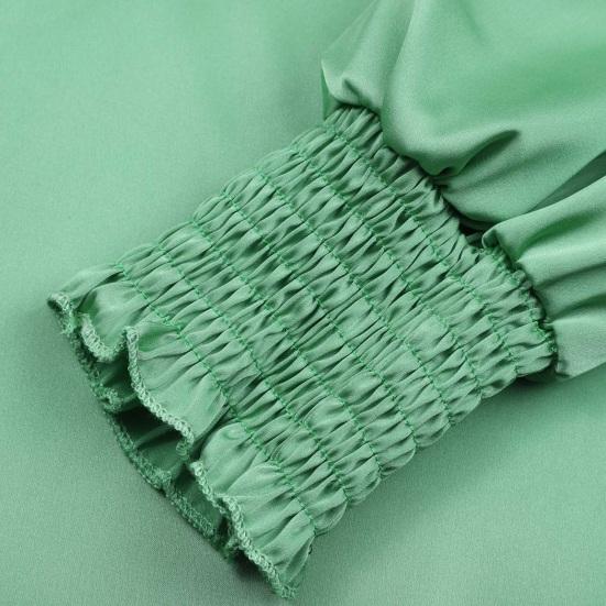 Women Shirt Stand Collar Ruffle Trim Long Sleeve Pullover Tops Solid Color Silky Satin Shirt Loose Fit Casual Tops