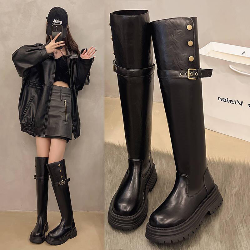 Thick-soled over-the-knee boots for women's 2025 autumn and winter new two-wear versatile soft leather retro thick-heeled knight boots long boots