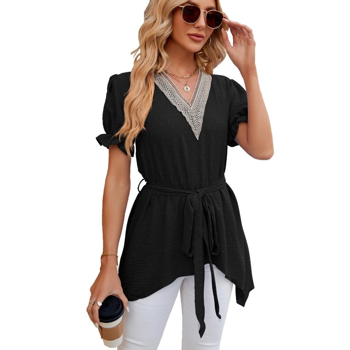 

Spring Summer New Solid Color V-neck Lace Splicing Loose Short Sleeve Dress for Women Amazon Cross-border Foreign Trade S чёрный
