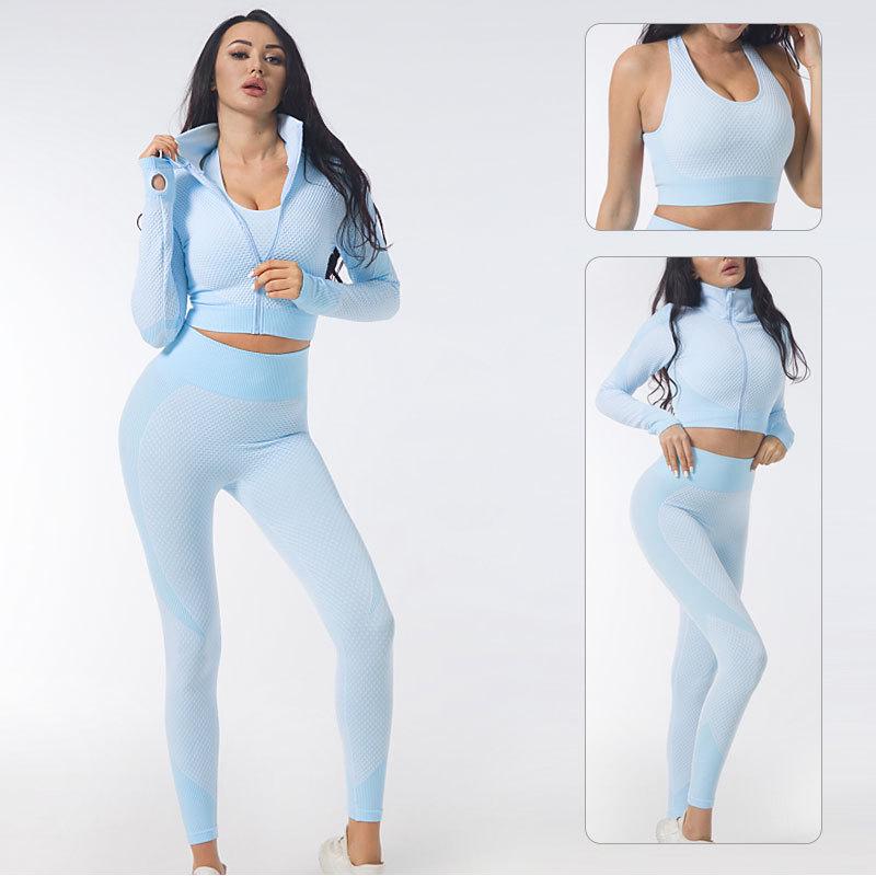 Costum de yoga din tricot fără cusături pentru femei: Set de toamnă/iarnă din 3 piese cu ridicare de șold pentru fitness și alergare