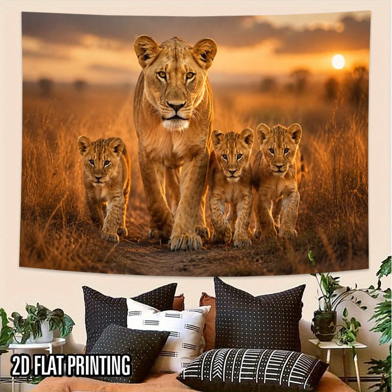 2D Flat - 2D Flat - 2D Flat Print 1pc Tapestry Lioness with Cubs Sunset Safari Wall Hanging, Wild Nature Home Decor Background Cloth Wall Decor, Wall