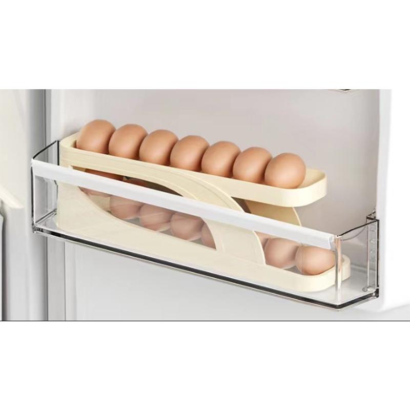 

1Pc Clear Egg Storage Rack With Protective Railings Large Capacity 2-Tier Automatic Rolling Egg Dispenser Kitchen Organizer