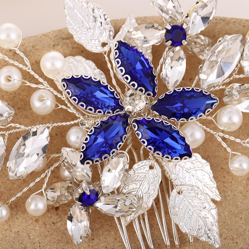 Pearl Blue Diamond Hair Comb Bridal Headwear - Elegant Evening Accessory