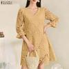 ZANZEA Women Casual V-Neck 3/4 Sleeve Patchwork Lace Dress