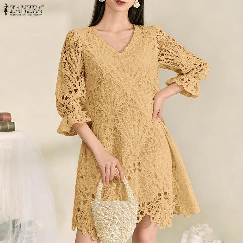 ZANZEA Women Casual V-Neck 3/4 Sleeve Patchwork Lace Dress