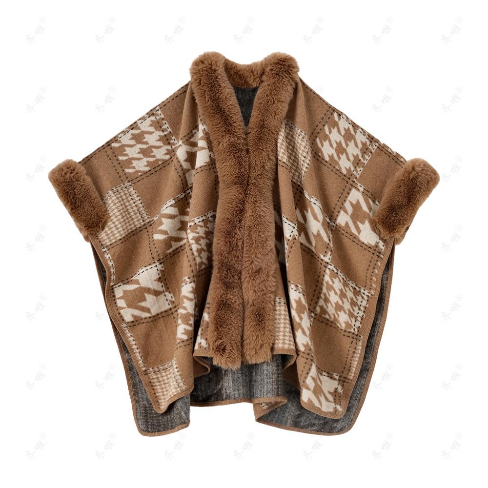 DX Autumn and Winter Foreign Trade Thousand Bird Grid Long Fur Collar Cape Shawl Women's Split Fork with Thickened Warm Woolen Coat Cardigan