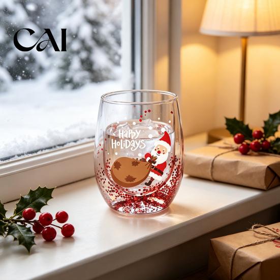 Anti Scalding Heat Resistant Cup Double Layer Glass Cup, with Santa Claus/Small Tree/Stack/Bag Patterns Decor, Family Gathering Tableware Quicksand