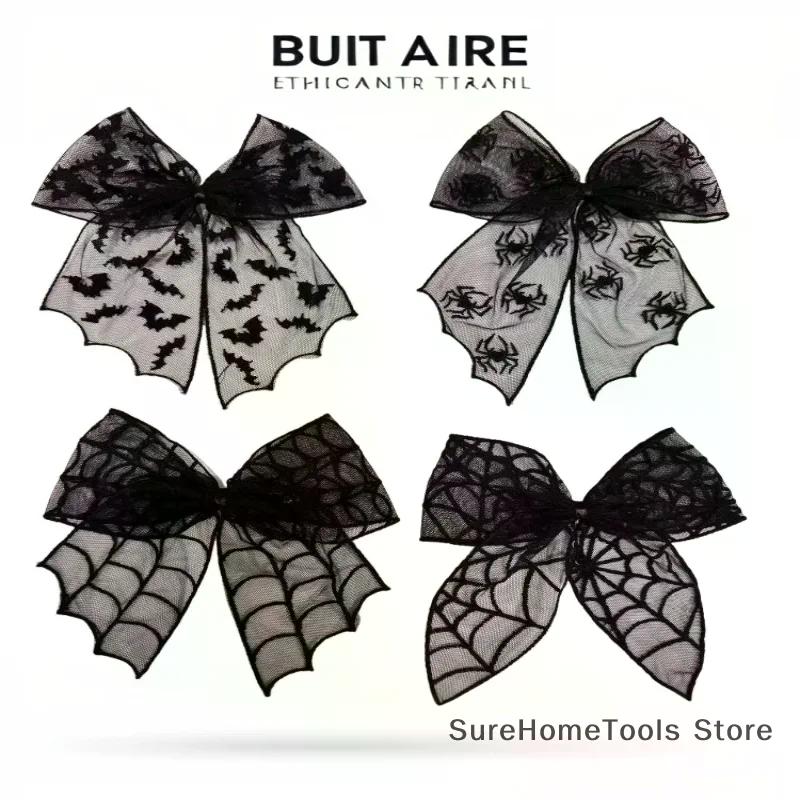 Black Bow Hair Clips Bat Embroidery Lace Tulle Veil Gothic Hairpins Spooky Halloween Cosplay Hair Accessories For Women Girls