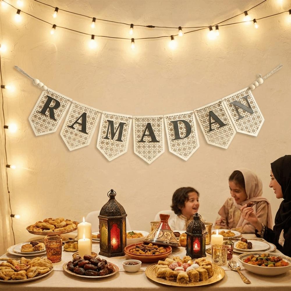 Hollowed Ramadan Decor Pendant Rustic Islamic Flag Garland Wooden Letter Banner  Islamic Festival
