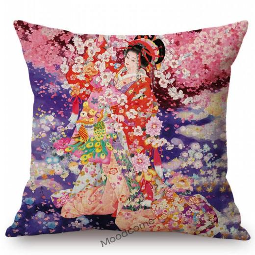 Beautiful Pretty Japanese Geisha Cartoon Traditional Kimono Girl Floral Cotton Linen Sofa Pillow Case Home Decor Cushion Cover