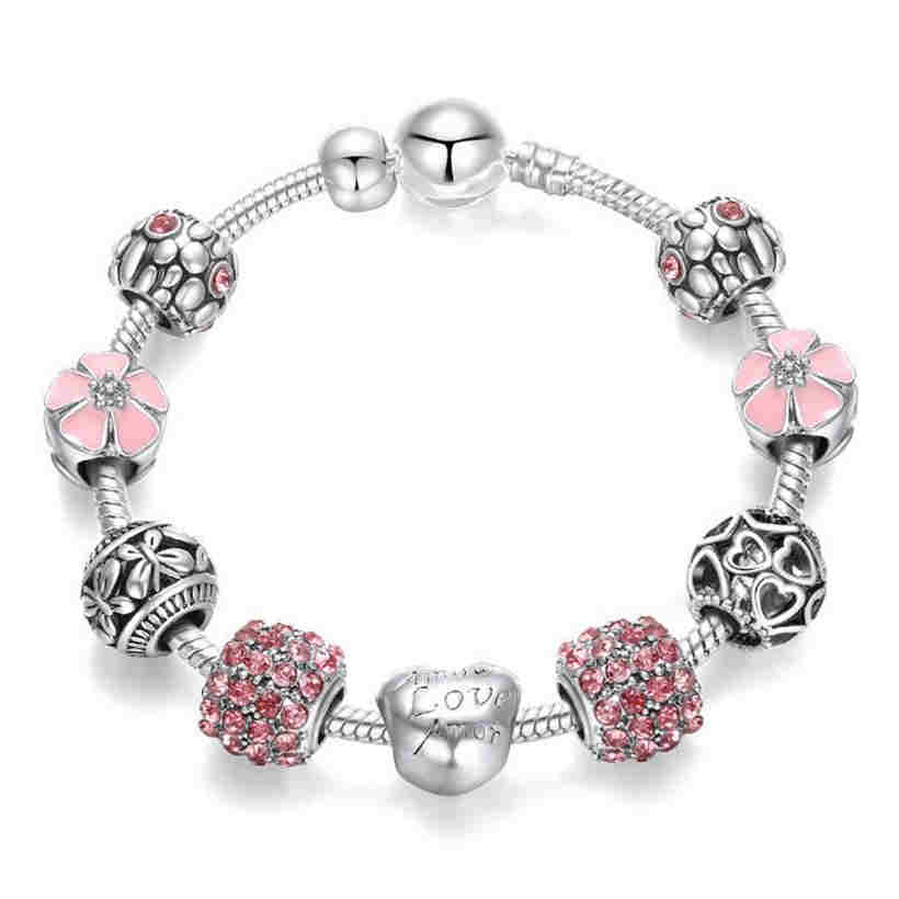Fashion Women Antique Charm Bracelet Women DIY Bracelet with Love and Flower Beads